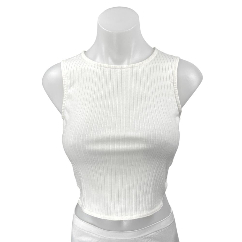 Atmos & Here Women's White Rib Knit Sleeveless Cami Camisole Crop Tank Top Sz 10